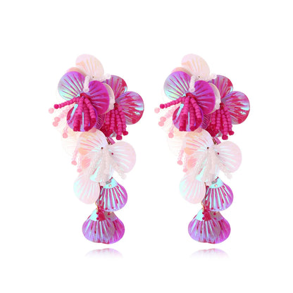 Handmade string bead flower earrings with exaggerated 5-7cm floral designs in mixed materials