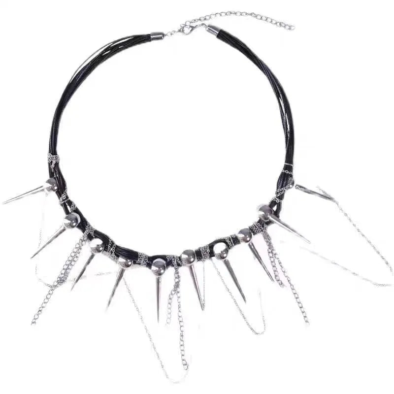 Women's leather necklace with electroplated rivet accents and round beads in winding tassel design