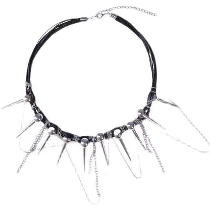 Women's leather necklace with electroplated rivet accents and round beads in winding tassel design