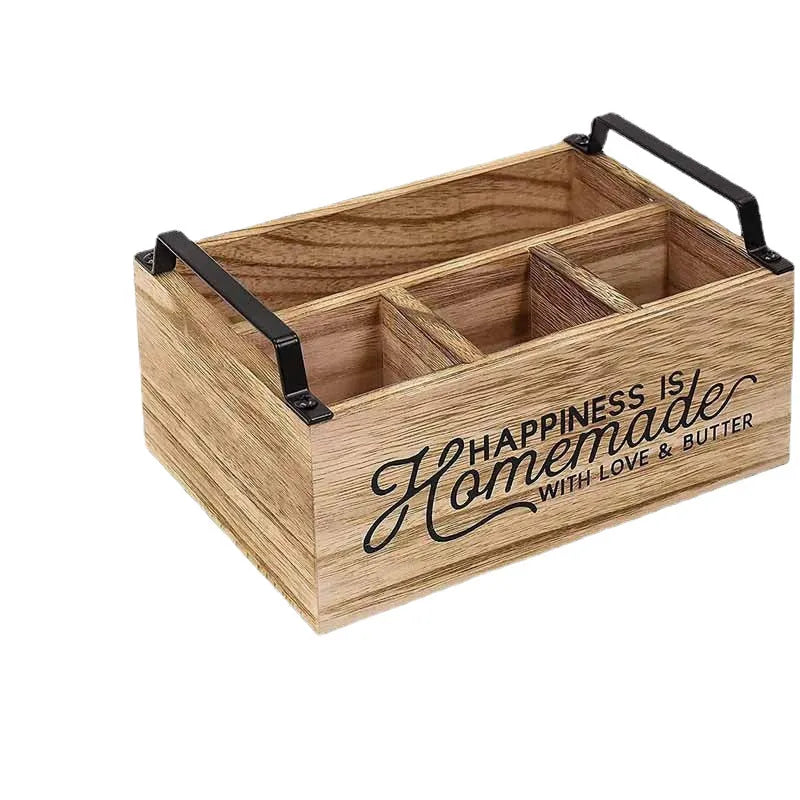 Wooden kitchen organiser box with internal grid for sorting cutlery and utensils