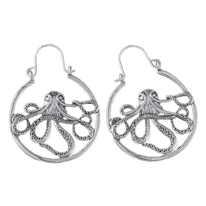 Close-up of vintage-style octopus earrings in antique silver colour with zinc alloy construction.
