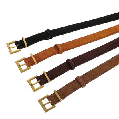 Ladies' brown leather belt with quadrilateral alloy pin buckle for dresses and coats
