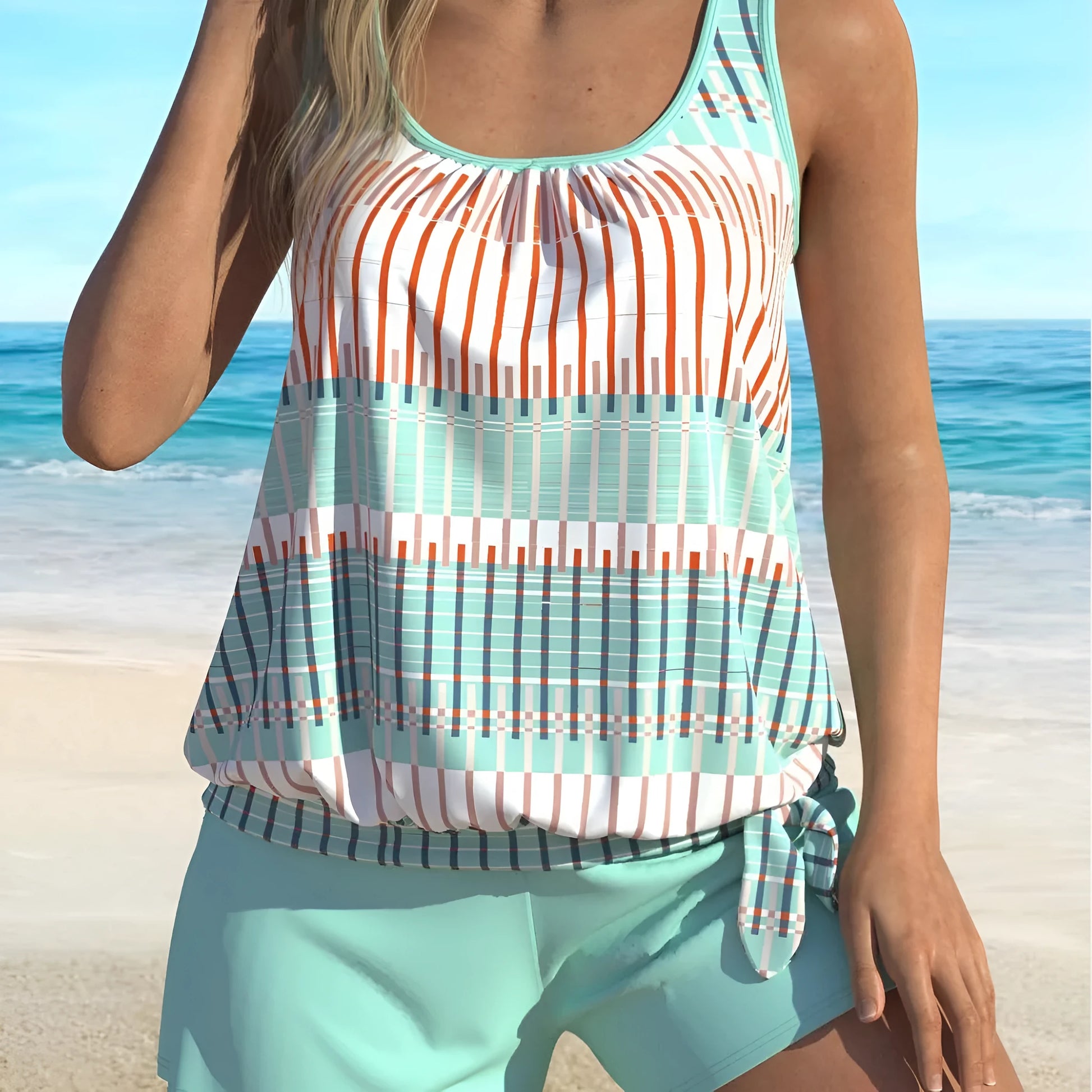 Sky blue striped women's one-piece swimsuit with a colour-split design.
