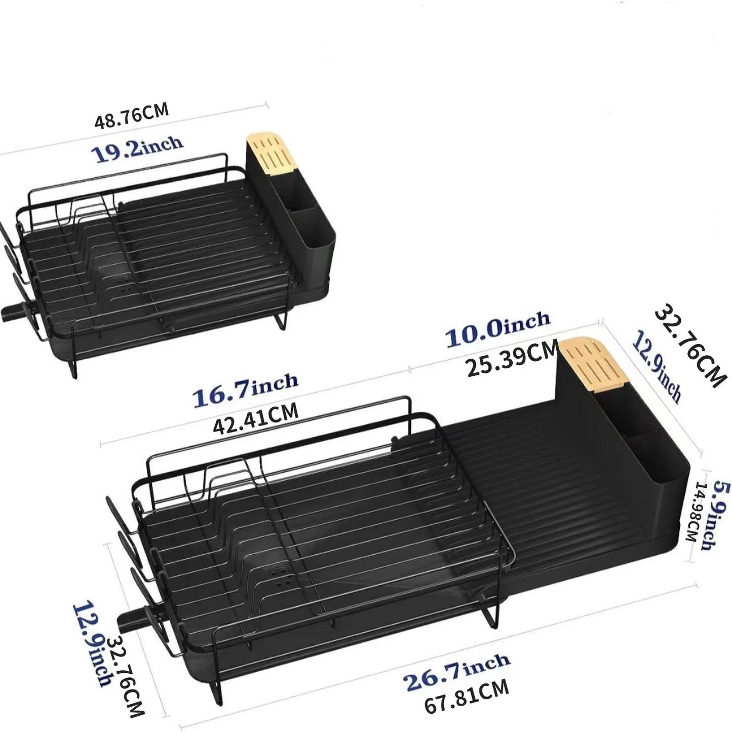 Retractable dish rack showing folded 30cm size and expanded cutlery drying configuration