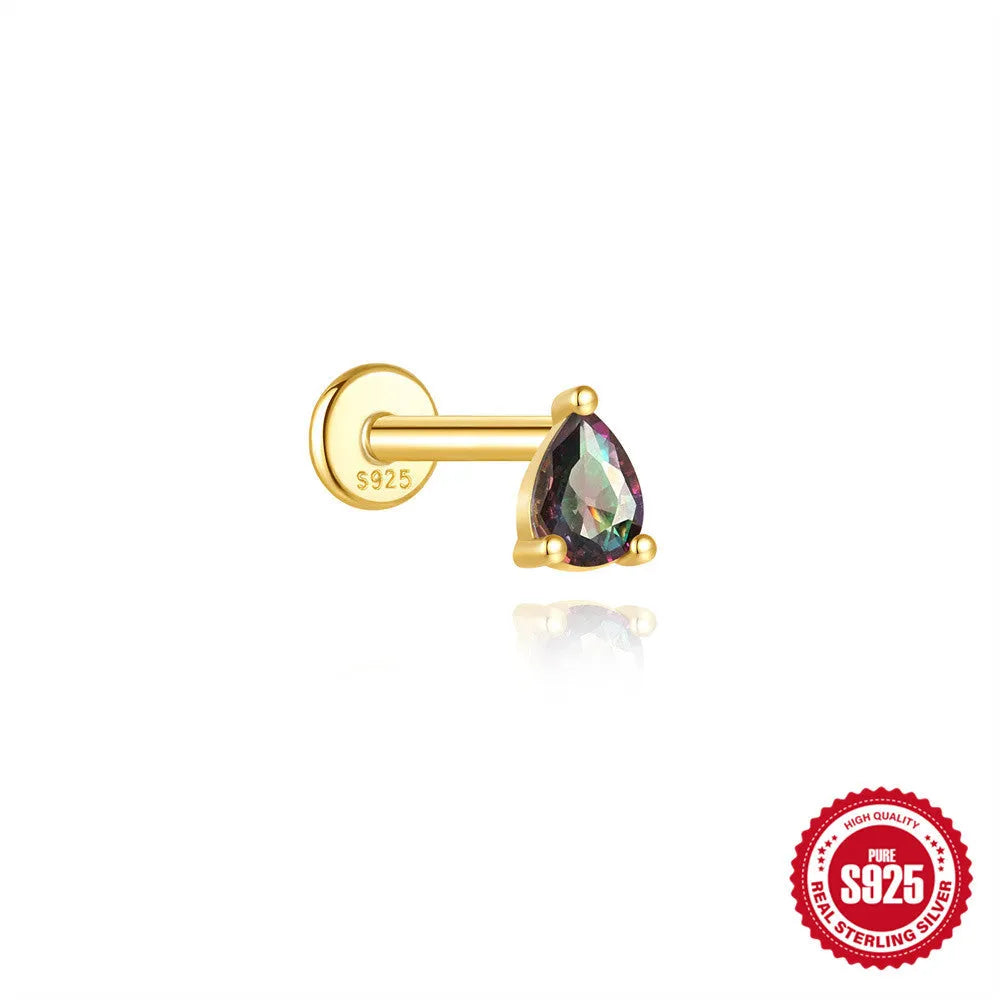 S925 sterling silver flat head thread piercing earring with super shiny rainbow stone, gold colour.