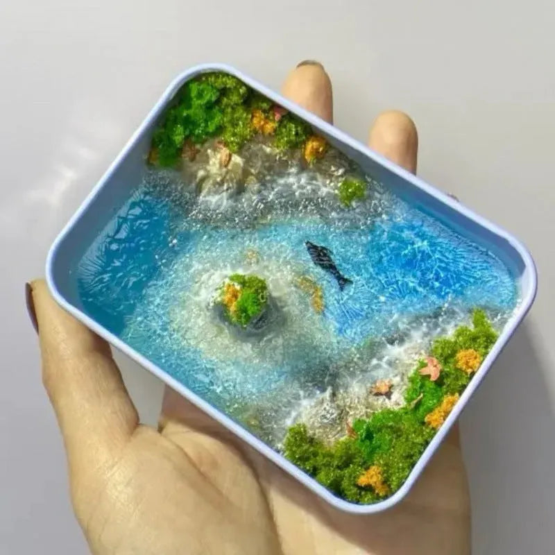 DIY bamboo marine landscape handmade model ornament with whales and sand details, approximately 15-20cm long