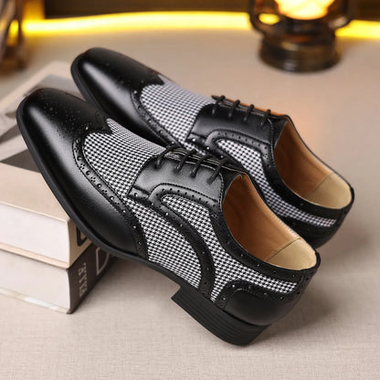 Men's imitation houndstooth casual leather shoes with canvas upper and rubber sole in black colour
