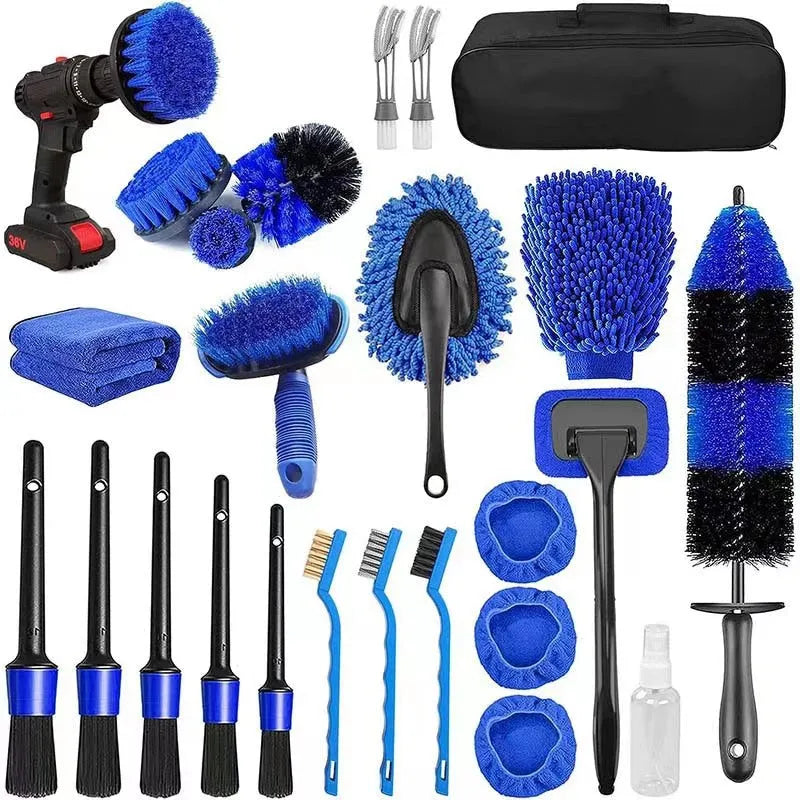 26-piece polypropylene car wash brush set with various brush heads and ergonomic handles for tyre and wheel cleaning.