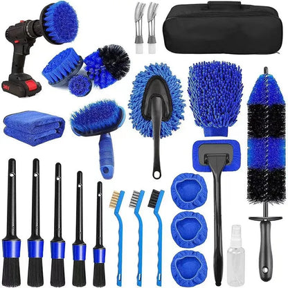 26-piece polypropylene car wash brush set with various brush heads and ergonomic handles for tyre and wheel cleaning.