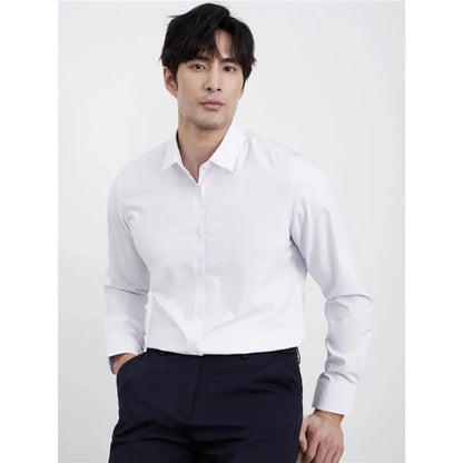 Men's wine red slim fit long sleeve shirt with non-iron treatment on a hanger.