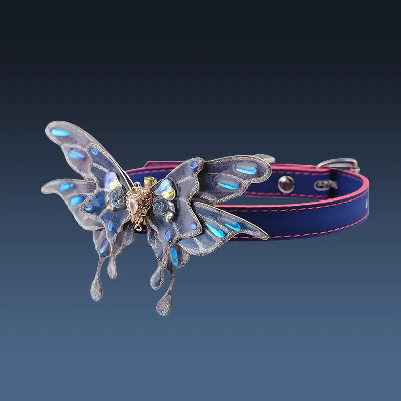 Purple colour-change butterfly rhinestone collar on an alloy chain, showing insect modelling.