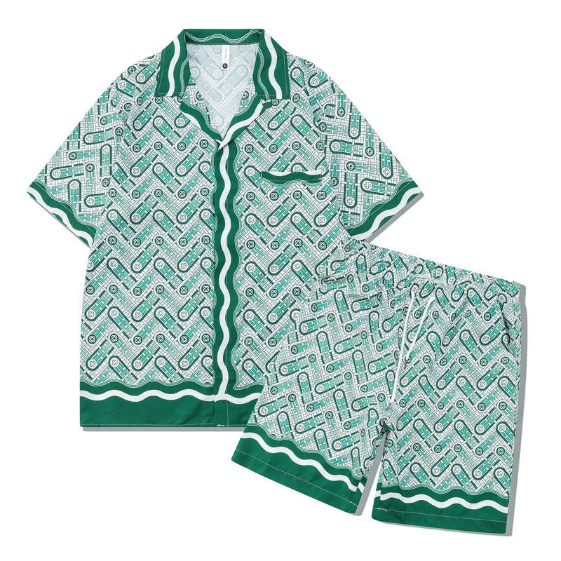 Men's and women's plaid pattern beach shirt outfit with top and trousers on mannequin