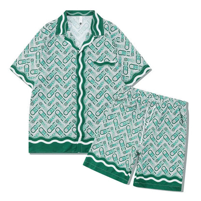 Men's and women's plaid pattern beach shirt outfit with top and trousers on mannequin