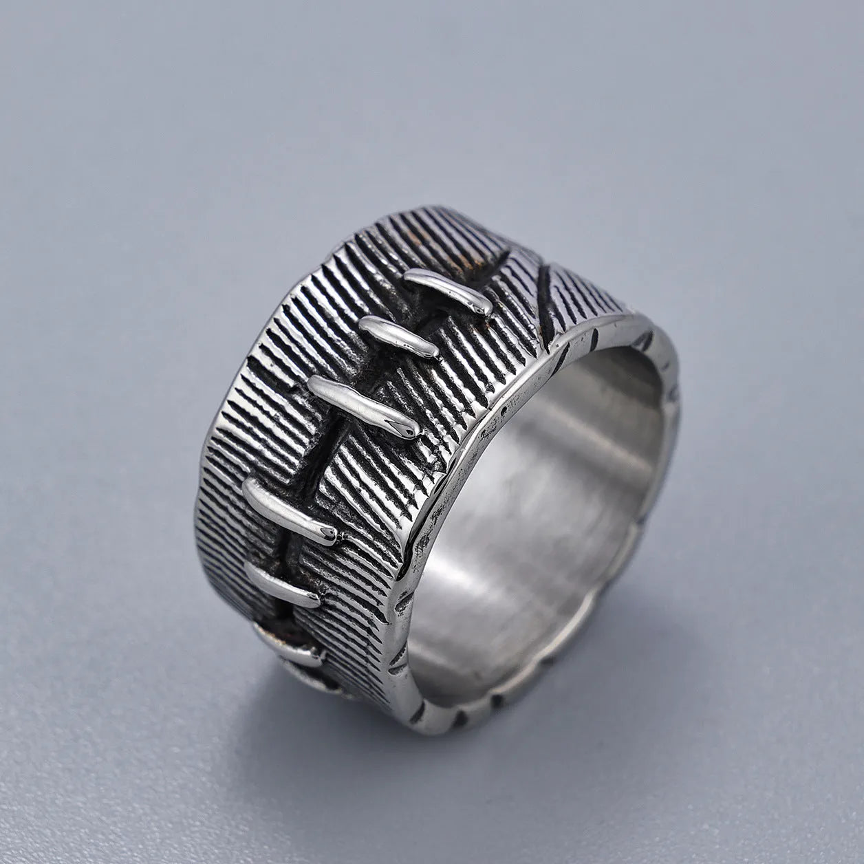 Geometric U-shaped titanium steel double ring with retro finish for dark punk jewellery