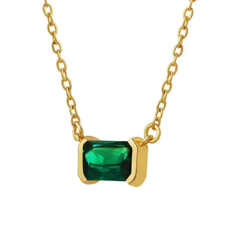 Gold geometric pendant necklace with quadrilateral shape and inlaid Lvzuan stones
