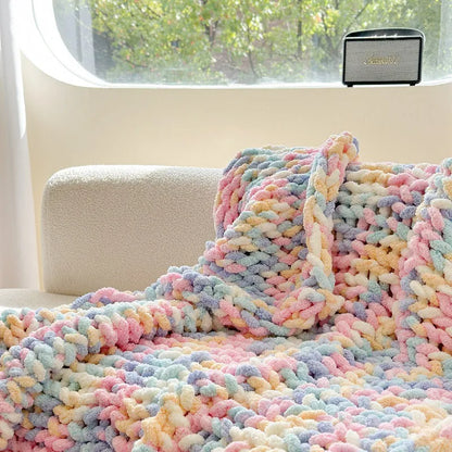 Thick Ice Bar section-dyed striped chenille blanket in caramel mango colour showing 130x170cm dimensions