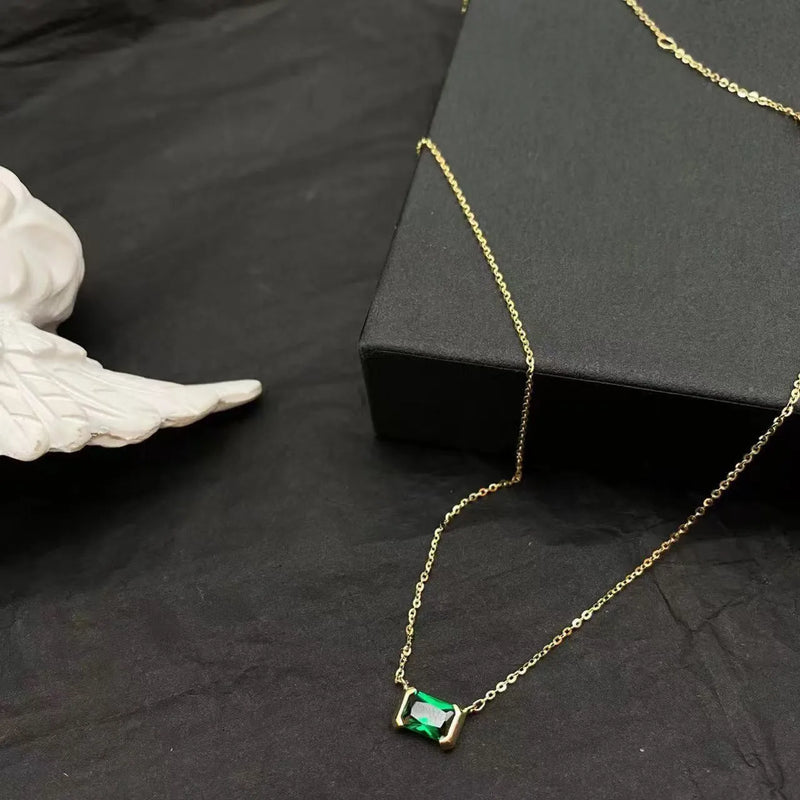 Women's pendant necklace featuring a gold-plated copper base with geometric quadrilateral shape and inlaid Lvzuan stones, an ins-style jewellery piece designed for everyday wear and special occasions with contemporary appeal