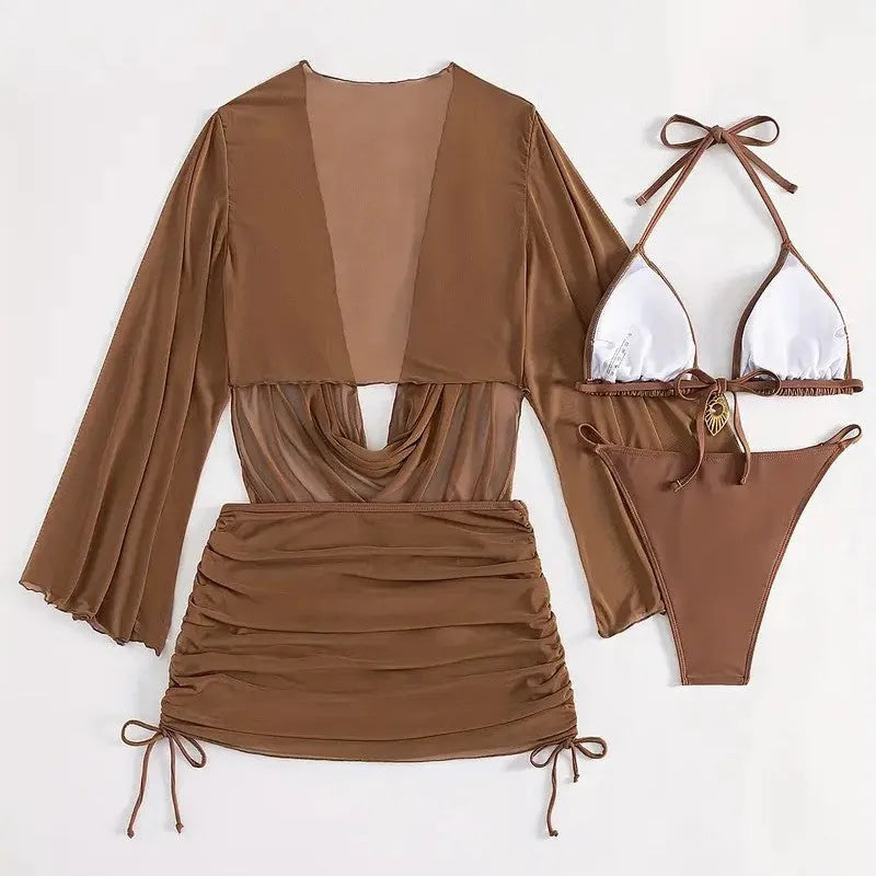 Women's swimsuit bikini set in European and American sizing, a sexy lace-up and backless two-piece with sleeveless design, made from nylon and spandex fabric in dark brown or black, solid colour for swimming, wading, and beach use.