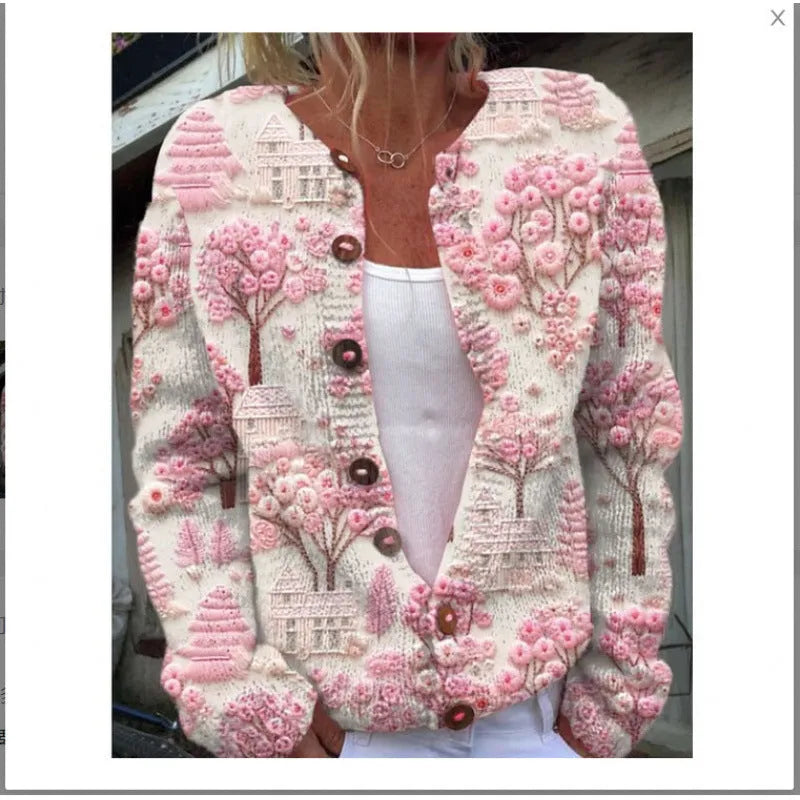 Women's long sleeve cardigan coat with a colourful digital print pattern, open front design