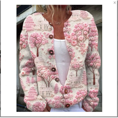 Women's long sleeve cardigan coat with a colourful digital print pattern, open front design