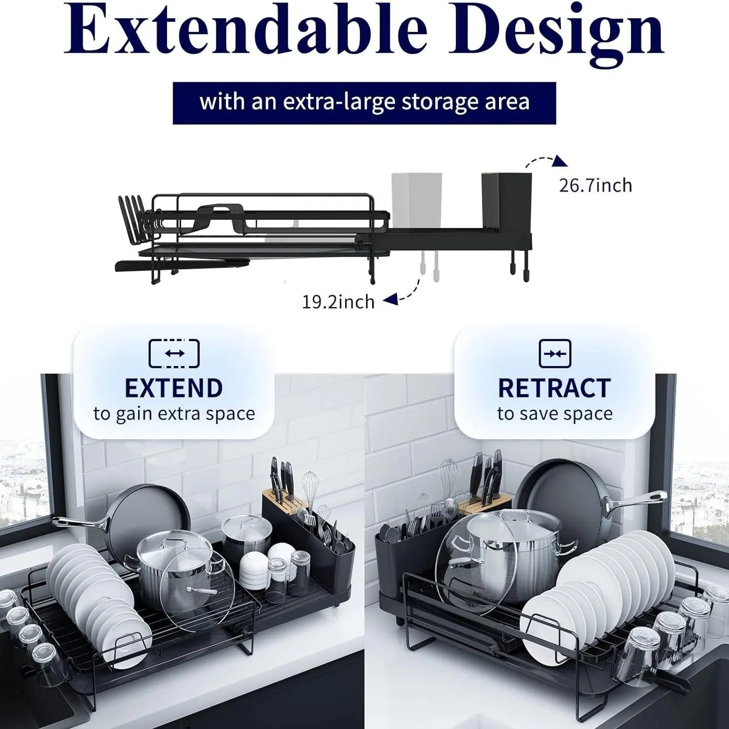 Retractable dish rack showing folded 30cm size and expanded cutlery drying configuration