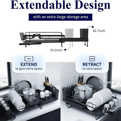 Retractable dish rack showing folded 30cm size and expanded cutlery drying configuration
