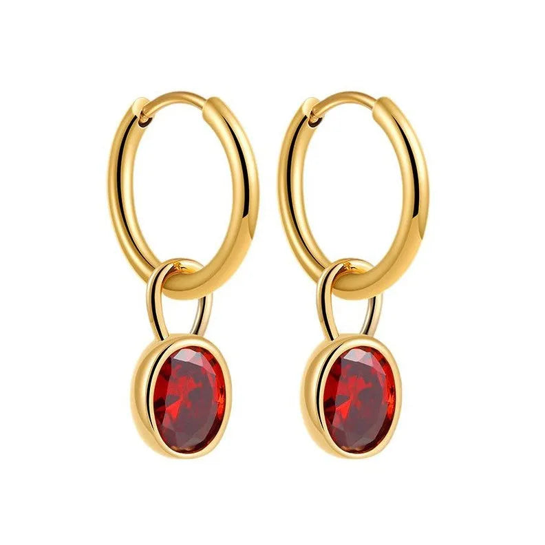 Women's copper oval earrings in six colour options showing elliptical 1.5cm retro design