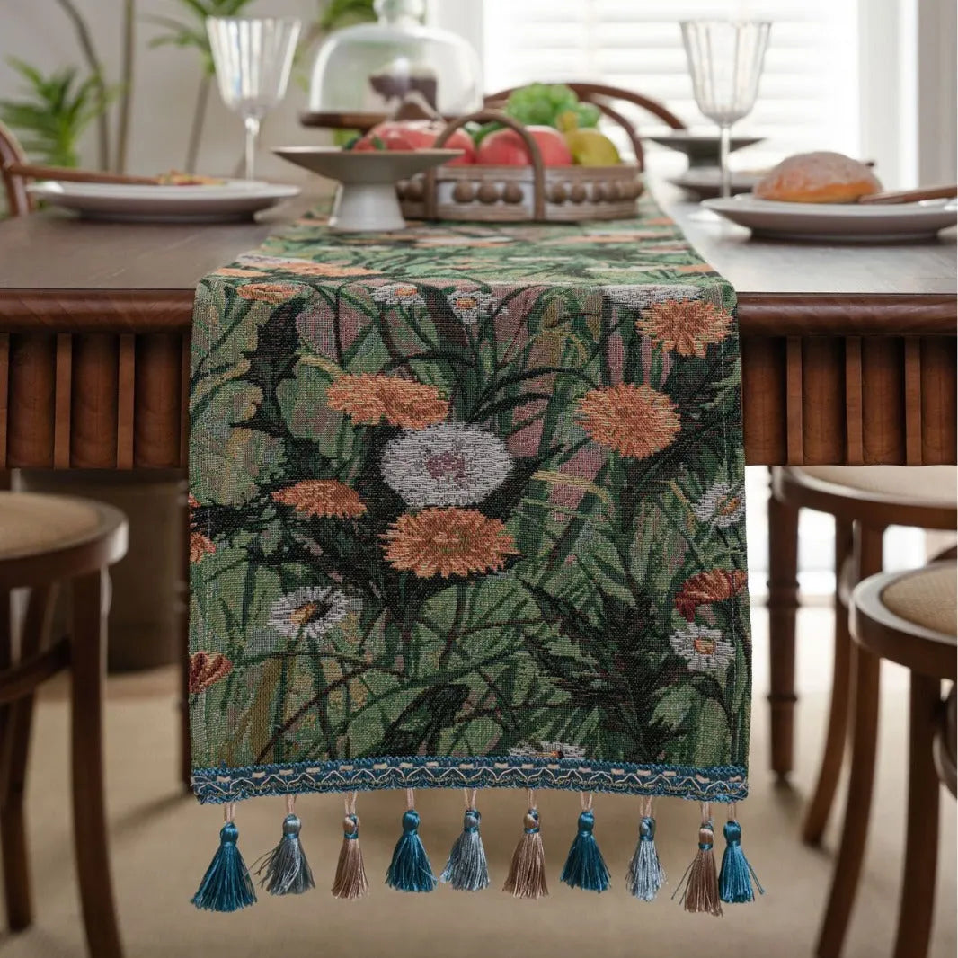 Beige jacquard table runner with long tassels and floral patterns, sizes 33x120cm to 33x400cm