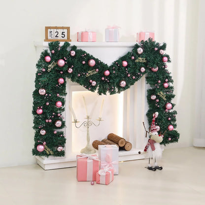 2.7 metre pink artificial rattan Christmas garland with 240 PVC foliage heads and optional coloured lighting