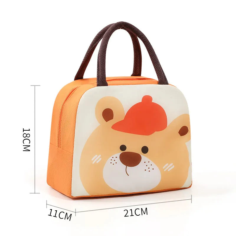 Children's insulated lunch box bag with cartoon design, aluminium foil insulation, Oxford cloth exterior, dimensions 23×18×12cm