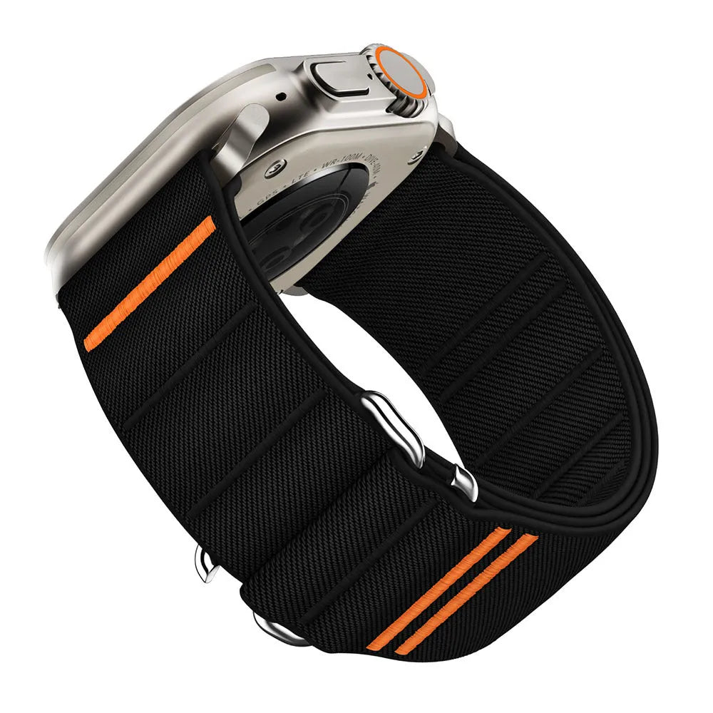 Elastic nylon Apple Watch band in Army Green with stainless steel buckle, shown on a wrist.