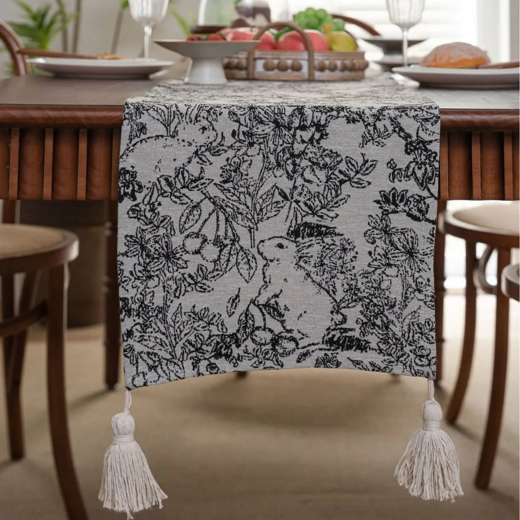 Beige jacquard table runner with long tassels and floral patterns, sizes 33x120cm to 33x400cm