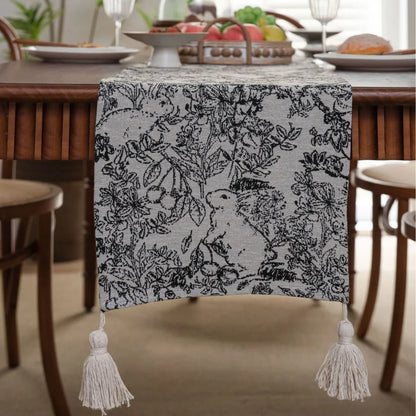 Beige jacquard table runner with long tassels and floral patterns, sizes 33x120cm to 33x400cm