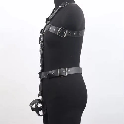 Black imitation leather waist trainer corset with an adjustable buckle and thin straps.