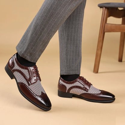 Men's imitation houndstooth casual leather shoes with canvas upper and rubber sole in black colour