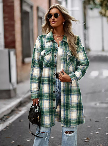 Long plaid woolen cardigan coat for women in pink, blue, green, and black