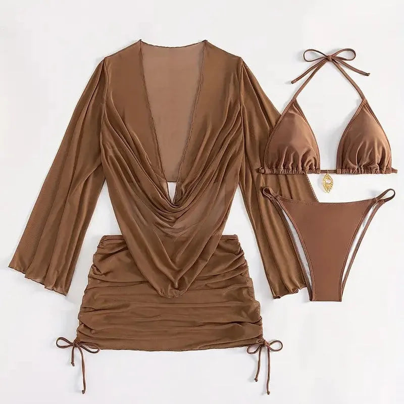 Women's dark brown lace-up front backless bikini set on a mannequin.