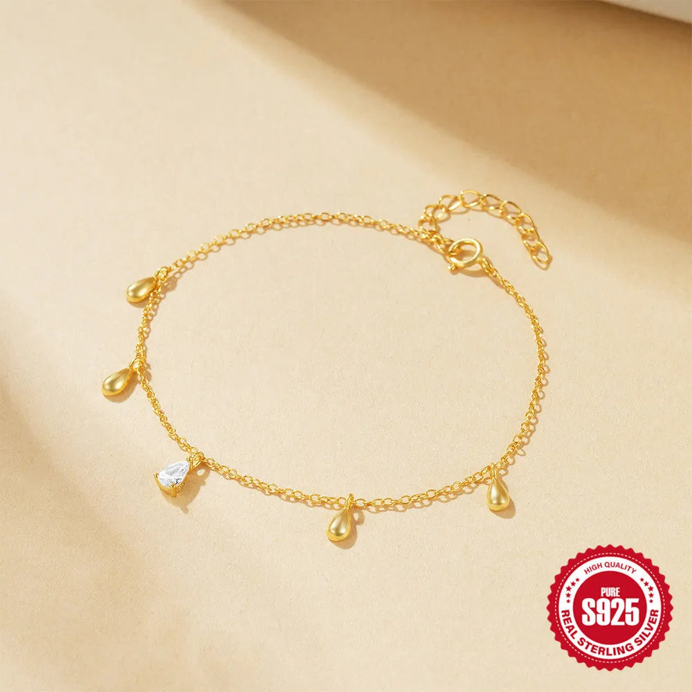 Gold coloured S925 sterling silver women's bracelet with water drop diamond pendant