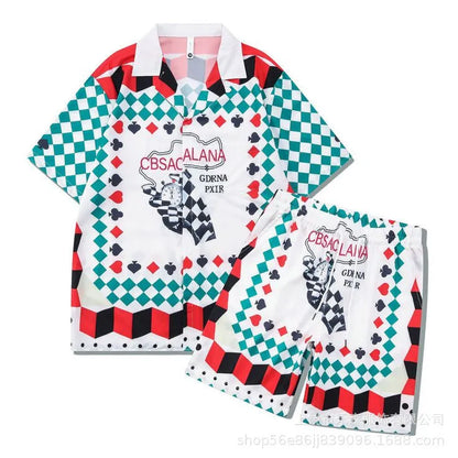 Men's and women's plaid pattern beach shirt outfit with top and trousers on mannequin