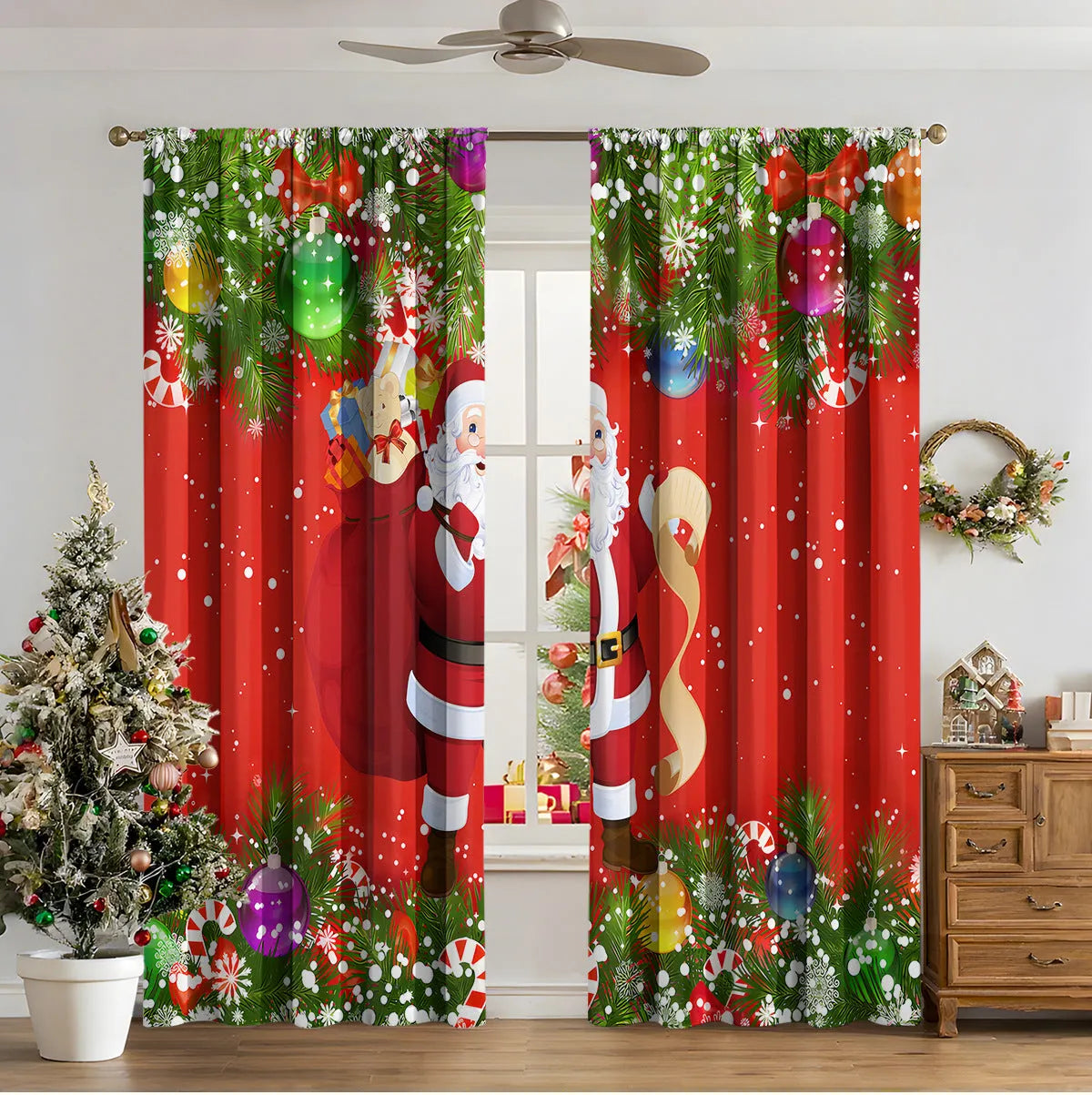 3D digital printed Christmas curtains with festive pattern, available in two sizes with high sunshade function