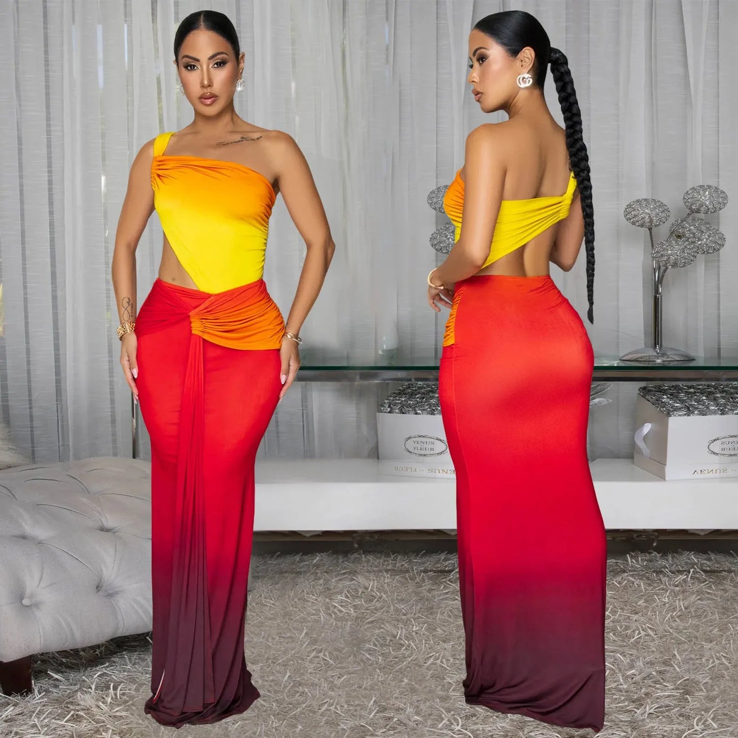Women's gradient colour cross-shoulder dress with high waist and long skirt in green, red, or brown