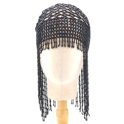 Silver and black belly dance hat with handmade beading and long tassels for performance hair ornamentation