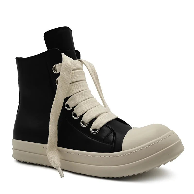 Black high-top leather sneakers with side zipper, round toe, and stitching details on genuine cowhide upper
