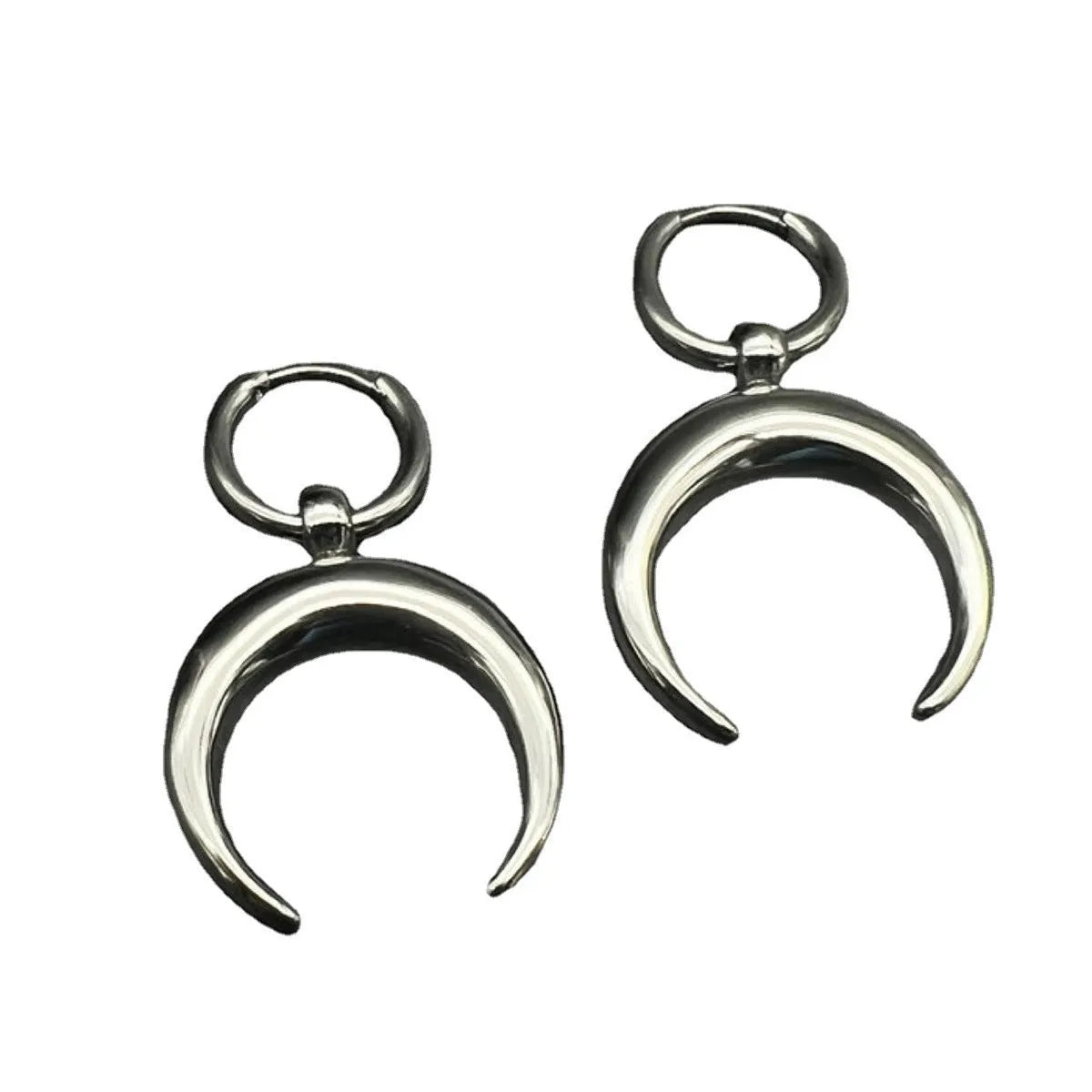 Silver big hoop earrings with a gothic moon and geometric punk design, ear clip style.