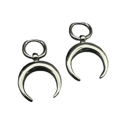 Silver big hoop earrings with a gothic moon and geometric punk design, ear clip style.