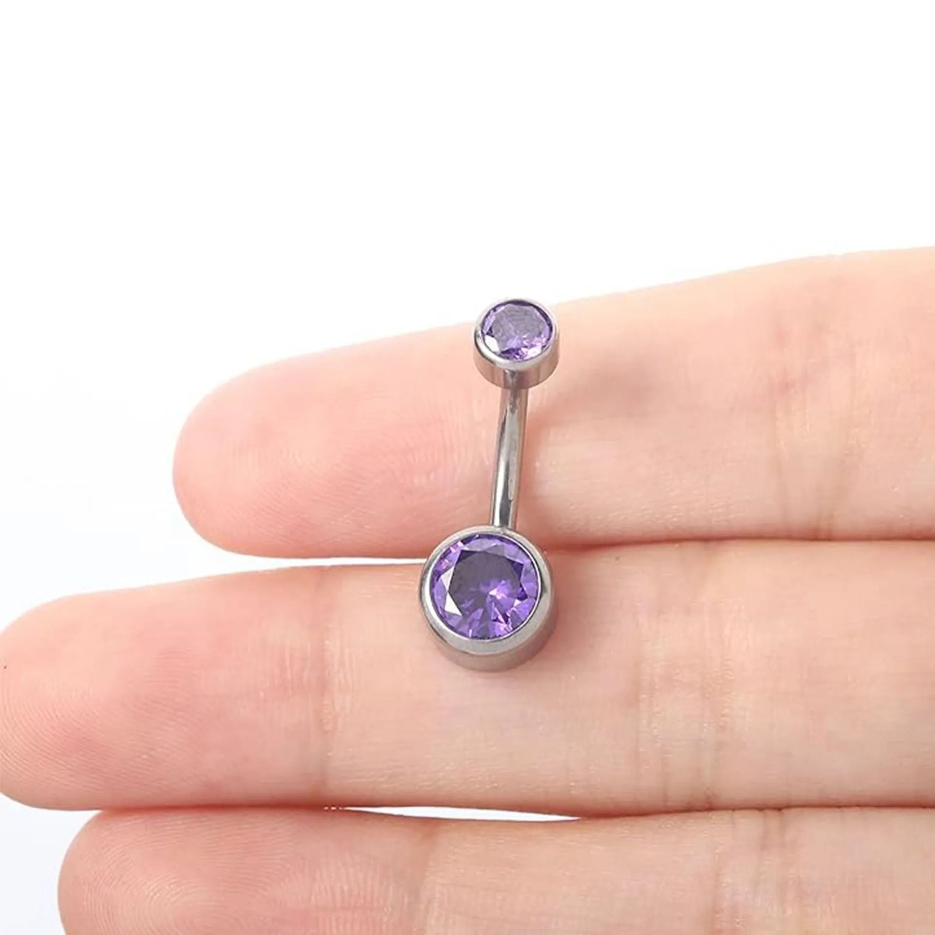 Titanium alloy double-headed navel stud with zircon stones in various colours and lengths.