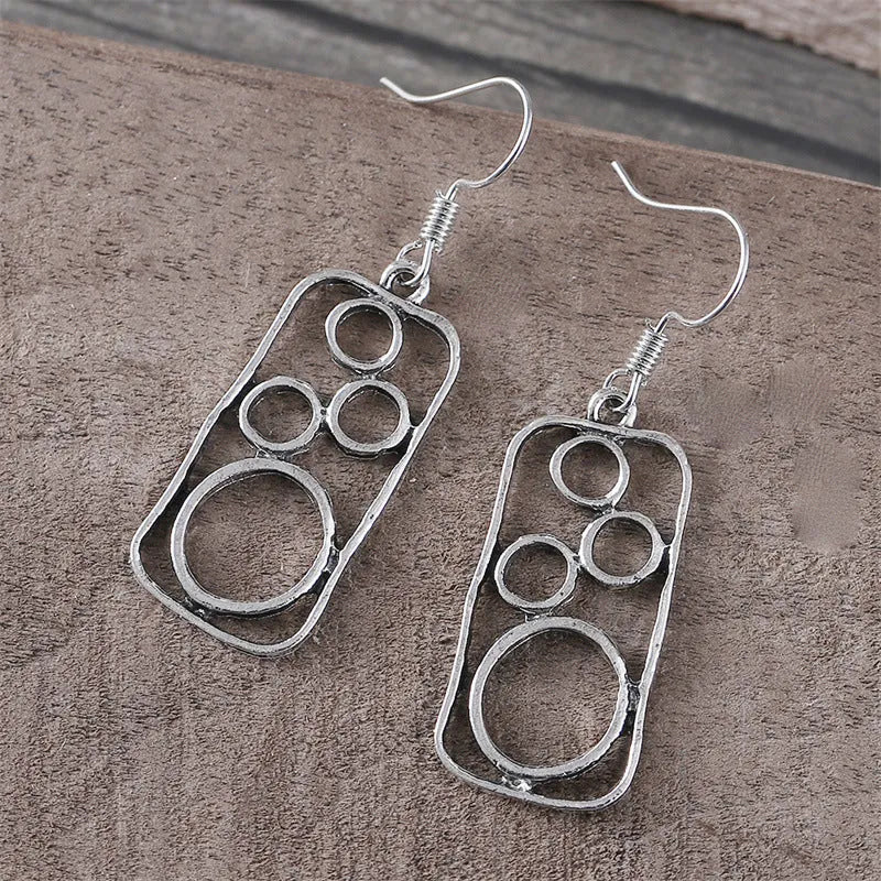 Antique silver zinc alloy round ring earrings with irregular geometric square design
