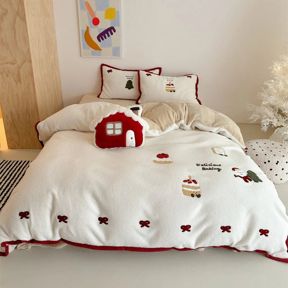 Winter Christmas cartoon four-piece bedding set with Xuefu Milk Pastry pattern on polyester fabric