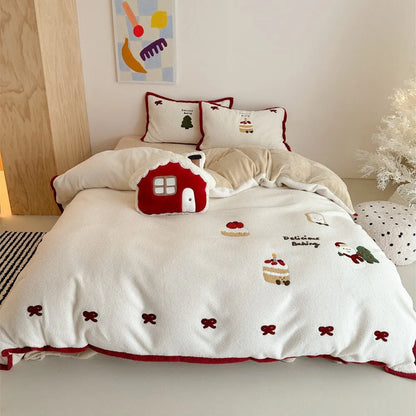 Winter Christmas cartoon four-piece bedding set with Xuefu Milk Pastry pattern on polyester fabric