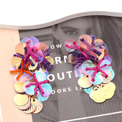 Handmade string bead flower earrings with exaggerated 5-7cm floral designs in mixed materials